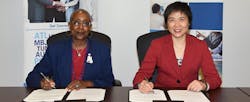 Dr. Fang Liu, ICAO Secretary General, and Angela Gittens, ACI Director General, signing the new airport training MOU today at ICAO&rsquo;s headquarters in Montreal.