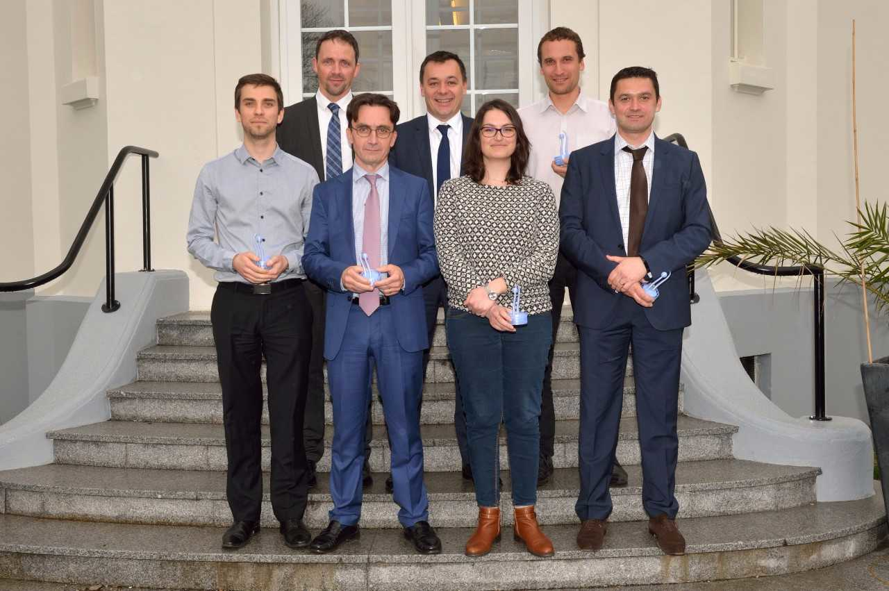 PPG and Safran Nacelles employees shared 2017 Safran Innovation Awards honors as first-place winners in the supplier category for PPG AEROCRON electrocoat aerospace primer. They are (from left): Olivier Bonmartel, Safran Nacelles research and technology buyer, purchasing division; Jerome Buszmak, PPG Europe, Middle East and Africa region aerospace e-coat program manager; Jerome Mancy, PPG aerospace business manager for EMEA south; Pierre Reguer, PPG aerospace original equipment sales manager for France; Alexandra Dugardin, Safran Nacelles metal materials engineer; Florian Paquot, continuous improvement plan and sales director; and Daniel Bencun, PPG global director for aerospace coatings. PPG also won second-place honors from Safran for AEROCRON primer.