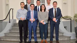 PPG and Safran Nacelles employees shared 2017 Safran Innovation Awards honors as first-place winners in the supplier category for PPG AEROCRON electrocoat aerospace primer. They are (from left): Olivier Bonmartel, Safran Nacelles research and technology buyer, purchasing division; Jerome Buszmak, PPG Europe, Middle East and Africa region aerospace e-coat program manager; Jerome Mancy, PPG aerospace business manager for EMEA south; Pierre Reguer, PPG aerospace original equipment sales manager for France; Alexandra Dugardin, Safran Nacelles metal materials engineer; Florian Paquot, continuous improvement plan and sales director; and Daniel Bencun, PPG global director for aerospace coatings. PPG also won second-place honors from Safran for AEROCRON primer.