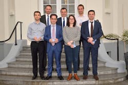 PPG and Safran Nacelles employees shared 2017 Safran Innovation Awards honors as first-place winners in the supplier category for PPG AEROCRON electrocoat aerospace primer. They are (from left): Olivier Bonmartel, Safran Nacelles research and technology buyer, purchasing division; Jerome Buszmak, PPG Europe, Middle East and Africa region aerospace e-coat program manager; Jerome Mancy, PPG aerospace business manager for EMEA south; Pierre Reguer, PPG aerospace original equipment sales manager for France; Alexandra Dugardin, Safran Nacelles metal materials engineer; Florian Paquot, continuous improvement plan and sales director; and Daniel Bencun, PPG global director for aerospace coatings. PPG also won second-place honors from Safran for AEROCRON primer. PPG and Safran Nacelles employees shared 2017 Safran Innovation Awards honors as first-place winners in the supplier category for PPG AEROCRON electrocoat aerospace primer. They are (from left): Olivier Bonmartel, Safran Nacelles research and technology buyer, purchasing division; Jerome Buszmak, PPG Europe, Middle East and Africa region aerospace e-coat program manager; Jerome Mancy, PPG aerospace business manager for EMEA south; Pierre Reguer, PPG aerospace original equipment sales manager for France; Alexandra Dugardin, Safran Nacelles metal materials engineer; Florian Paquot, continuous improvement plan and sales director; and Daniel Bencun, PPG global director for aerospace coatings. PPG also won second-place honors from Safran for AEROCRON primer.