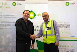 Mark Maclean, assistant general manager operations services &ndash; Cape Town, Airports Company of South Africa, left, and Anthony Leon, general manager, Air BP Southern Africa shake hands on the take over.
