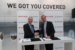 Signing ceremony of the Satair Group & Safran Nacelles deal at Paris Airchow 2017. Right: Bart Reijnen, CEO of Satair Group. Left: Safran Nacelles CEO Jean Paul Alary. Signing ceremony of the Satair Group & Safran Nacelles deal at Paris Airchow 2017. Right: Bart Reijnen, CEO of Satair Group. Left: Safran Nacelles CEO Jean Paul Alary.
