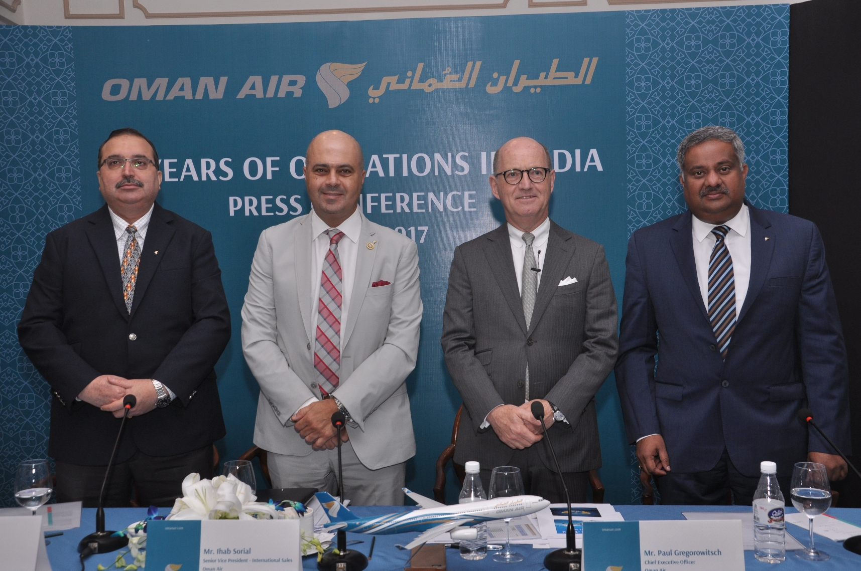 From left to right, Bhanu Kaila country manager India; Ihab Sorial, senior vice president, international sales; Paul Gregorowitsch CEO Oman Air; Sunil V A regional vice president