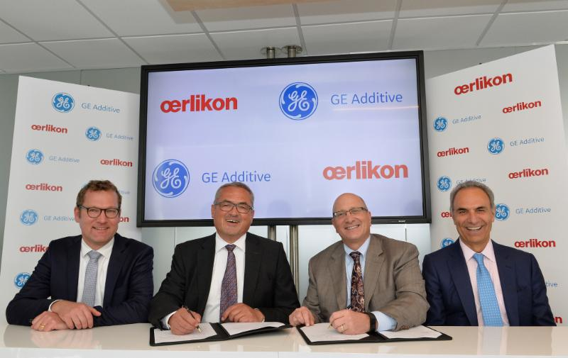 GE Additive, Concept Laser and Arcam AB signed a Memorandum of Understanding (MoU) at the Paris Air Show with Oerlikon of Switzerland to collaborate on accelerating the industrialization of additive manufacturing.In the photo (left to right): Florian Mauerer, Oerlikon; Roland Fischer, CEO of Oerlikon; David Joyce, Vice Chairman, GE; Mohammad Ehteshami, VP and GM, GE Additive