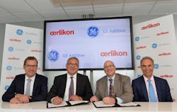 GE Additive, Concept Laser and Arcam AB signed a Memorandum of Understanding (MoU) at the Paris Air Show with Oerlikon of Switzerland to collaborate on accelerating the industrialization of additive manufacturing.In the photo (left to right): Florian Mauerer, Oerlikon; Roland Fischer, CEO of Oerlikon; David Joyce, Vice Chairman, GE; Mohammad Ehteshami, VP and GM, GE Additive GE Additive, Concept Laser and Arcam AB signed a Memorandum of Understanding (MoU) at the Paris Air Show with Oerlikon of Switzerland to collaborate on accelerating the industrialization of additive manufacturing.In the photo (left to right): Florian Mauerer, Oerlikon; Roland Fischer, CEO of Oerlikon; David Joyce, Vice Chairman, GE; Mohammad Ehteshami, VP and GM, GE Additive