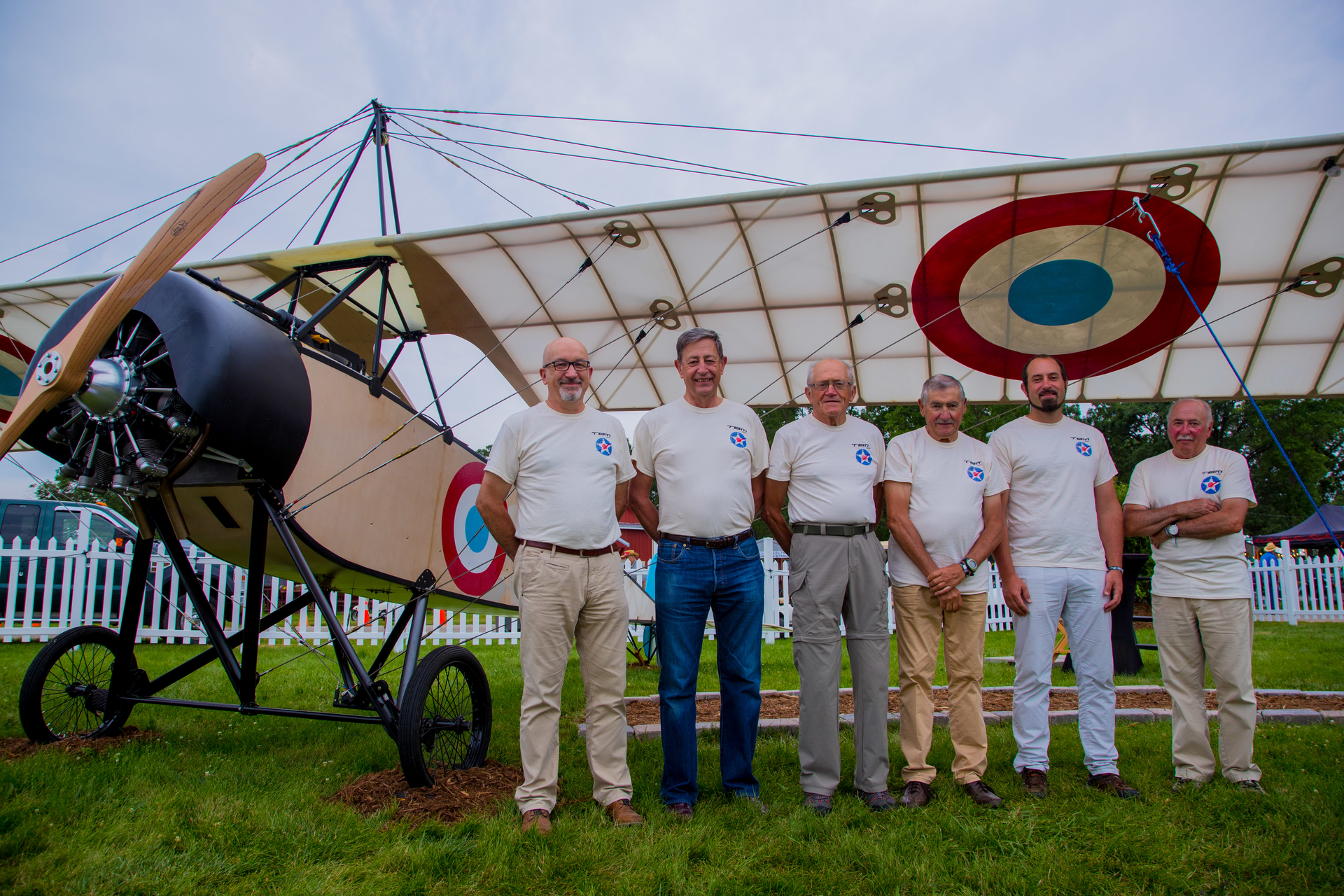 Left to right: Daniel Bacou, president of Heritage Avions Morane-Saulnier, Patrick Daher, chairman of Daher group, with members of the construction team, Claude Canerie, G&eacute;rard Frances, Mickael Brahier and Jean-Claude Arne
