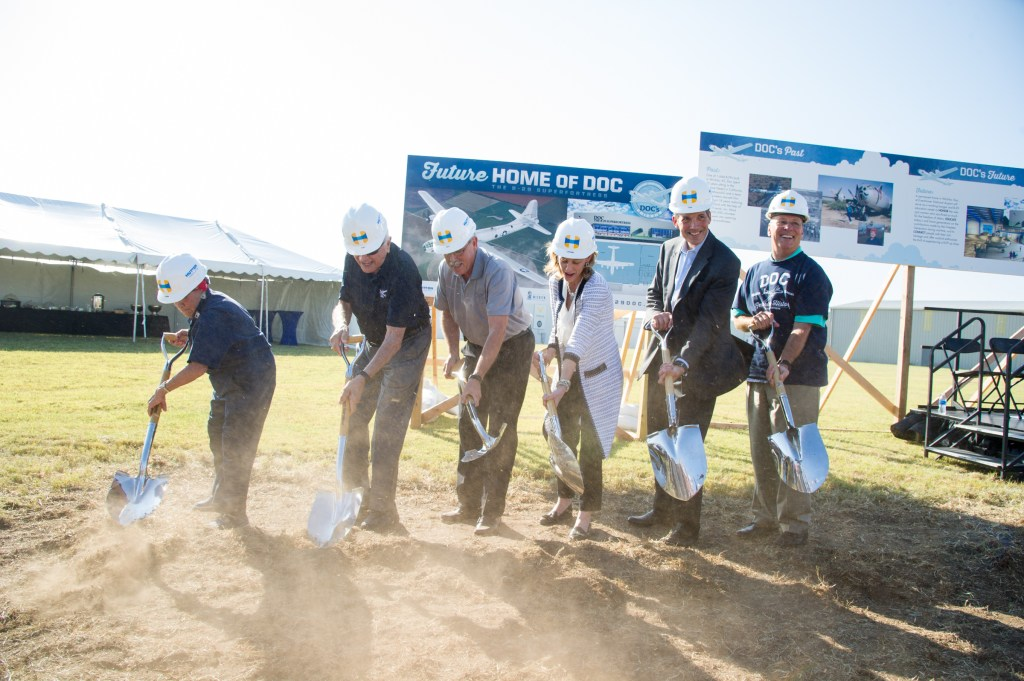 B-29 Doc hangar groundbreaking event in Wichita. Pictured, L-R: Connie Palacioz, Tony Mazzolini, Jeff Turner, Leanne Caret, Tom Gentile and Pete Meitzner.