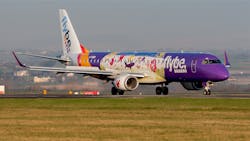 Embraer 195 operated by Flybe with the landing gear system developed, manufactured and serviced by Liebherr-Aerospace. Embraer 195 operated by Flybe with the landing gear system developed, manufactured and serviced by Liebherr-Aerospace.