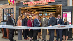Celebrating the Burgundy & Gold Club opening from left to right: Rod Nenner, ‎Vice President, Washington Redskins; Chryssa Westerlund, Vice President of Marketing and Consumer Strategy, Metropolitan Washington Airports Authority; Clarence LeJeune, Regional Vice President for MarketPlace Development; Stephanie Havard, Executive Vice President of Restaurant Development at HMSHost; Larry Michael, Voice of the Washington Redskins; Mary Morgan, President, Morgan Group Ventures; Jerome L. Davis, Executive Vice President and Chief Revenue Officer, Metropolitan Washington Airports Authority; Steven Baker, Deputy Vice President of Real Estate, Metropolitan Washington Airports Authority; Bryan Loden, Vice President of Business Development at HMSHost; and Kimberly Barnes, Marketing Program Manager, Metropolitan Washington Airports Authority.