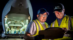 Boeing Global Services employees Michael Gutierrez (left) and Robert Zoricic perform maintenance, repair and overhaul to ensure the global C-17 Globemaster III fleet is always ready and evolving through continuous technology upgrades, including using data analytics to optimize predictive maintenance capabilities and minimize unscheduled maintenance. Boeing is the original equipment manufacturer for the C-17, and has provided sustainment to the fleet since delivery of the first aircraft in 1993.