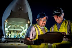 Boeing Global Services employees Michael Gutierrez (left) and Robert Zoricic perform maintenance, repair and overhaul to ensure the global C-17 Globemaster III fleet is always ready and evolving through continuous technology upgrades, including using data analytics to optimize predictive maintenance capabilities and minimize unscheduled maintenance. Boeing is the original equipment manufacturer for the C-17, and has provided sustainment to the fleet since delivery of the first aircraft in 1993. Boeing Global Services employees Michael Gutierrez (left) and Robert Zoricic perform maintenance, repair and overhaul to ensure the global C-17 Globemaster III fleet is always ready and evolving through continuous technology upgrades, including using data analytics to optimize predictive maintenance capabilities and minimize unscheduled maintenance. Boeing is the original equipment manufacturer for the C-17, and has provided sustainment to the fleet since delivery of the first aircraft in 1993.