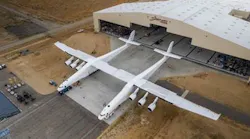 Stratolaunch aircraft rolling out of the hangar in spring 2017.