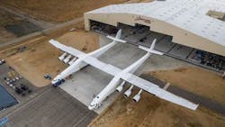 Stratolaunch aircraft rolling out of the hangar in spring 2017.