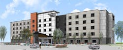 The five-story structure will have 135 rooms and suites and will offer guests top-of-the line amenities, including a swimming pool, hot tub, fitness room, complimentary breakfast, meeting rooms, and a lobby bar. The five-story structure will have 135 rooms and suites and will offer guests top-of-the line amenities, including a swimming pool, hot tub, fitness room, complimentary breakfast, meeting rooms, and a lobby bar.