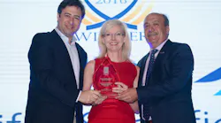 From left to right, Martin Eurnekian, Incoming Vice-Chair, ACI World and CEO, Corporación América presents Joyce Carter, President and CEO, HIAA and Wadih Fares, Chair, HIAA Board of Directors with their 2016 ASQ Award at the ASQ Awards Ceremony in Mauritius.