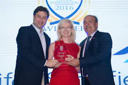 From left to right, Martin Eurnekian, Incoming Vice-Chair, ACI World and CEO, Corporación América presents Joyce Carter, President and CEO, HIAA and Wadih Fares, Chair, HIAA Board of Directors with their 2016 ASQ Award at the ASQ Awards Ceremony in Mauritius.