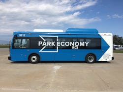 BYD customized the buses for Kansas City Airport to include luggage racks for passenger use. BYD customized the buses for Kansas City Airport to include luggage racks for passenger use.