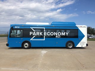 BYD customized the buses for Kansas City Airport to include luggage racks for passenger use.