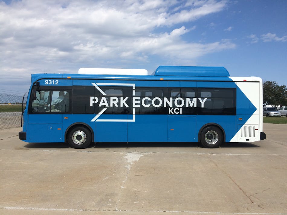 BYD customized the buses for Kansas City Airport to include luggage racks for passenger use.