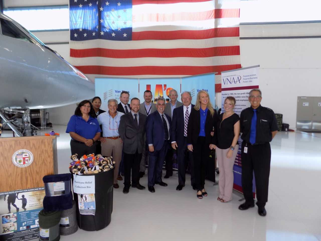 Diana Sanchez, Van Nuys Airport; Angie Aramayo, Assemblymember Adrin Nazarian's Office; Neil Sherman, The Park; Bob Donovan, Operation Gratitude; Ian Bell, Aerolease/Aeroplex Group; Niall Mulcahy, Signature Flight Support; Curt Castagna, Aerolease/Aeroplex and President the Van Nuys Airport Association; Eric Hill, Signature Flight Support; Tim Prero, President, Pegasus Elite Aviation; Crista Prero, Pegasus Elite Aviation; Ofra Douglas, Executive Vice President, Pegasus Elite Aviation; Craig Osburn, pilot, Pegasus Elite Aviation.