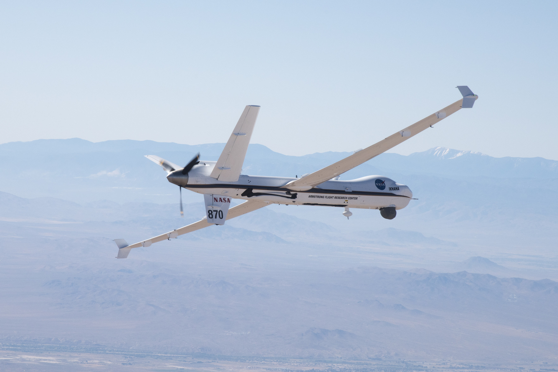 NASA&rsquo;s remotely piloted Predator named Ikhana flies over the skies above the agency&rsquo;s Armstrong Flight Research Center testing a collision avoidance system.