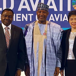 ICAO Council President Dr. Olumuyiwa Benard Aliu (left) and the UN agency&rsquo;s Secretary General, Dr. Fang Liu (right), with Nigeria&rsquo;s Minister of State, Aviation, the Honourable Hadi Sirika. ICAO took advantage of the important Abuja event to highlight civil aviation&rsquo;s pressing infrastructure modernization challenges to the 800+ participants who attended the very first World Aviation Forum held outside its Headquarters. IWAF/3 was hosted in 2017 by the Federal Republic of Nigeria, with additional support from the African Union Commission (AUC), the African Development Bank (AfDB), and the Planning and Coordinating Agency of the AU&rsquo;s New Partnership for Africa&rsquo;s Development (NEPAD).