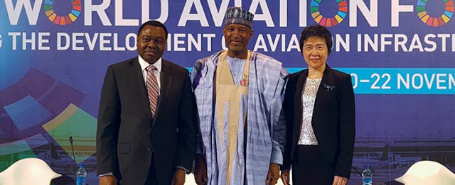 ICAO Council President Dr. Olumuyiwa Benard Aliu (left) and the UN agency&rsquo;s Secretary General, Dr. Fang Liu (right), with Nigeria&rsquo;s Minister of State, Aviation, the Honourable Hadi Sirika. ICAO took advantage of the important Abuja event to highlight civil aviation&rsquo;s pressing infrastructure modernization challenges to the 800+ participants who attended the very first World Aviation Forum held outside its Headquarters. IWAF/3 was hosted in 2017 by the Federal Republic of Nigeria, with additional support from the African Union Commission (AUC), the African Development Bank (AfDB), and the Planning and Coordinating Agency of the AU&rsquo;s New Partnership for Africa&rsquo;s Development (NEPAD).