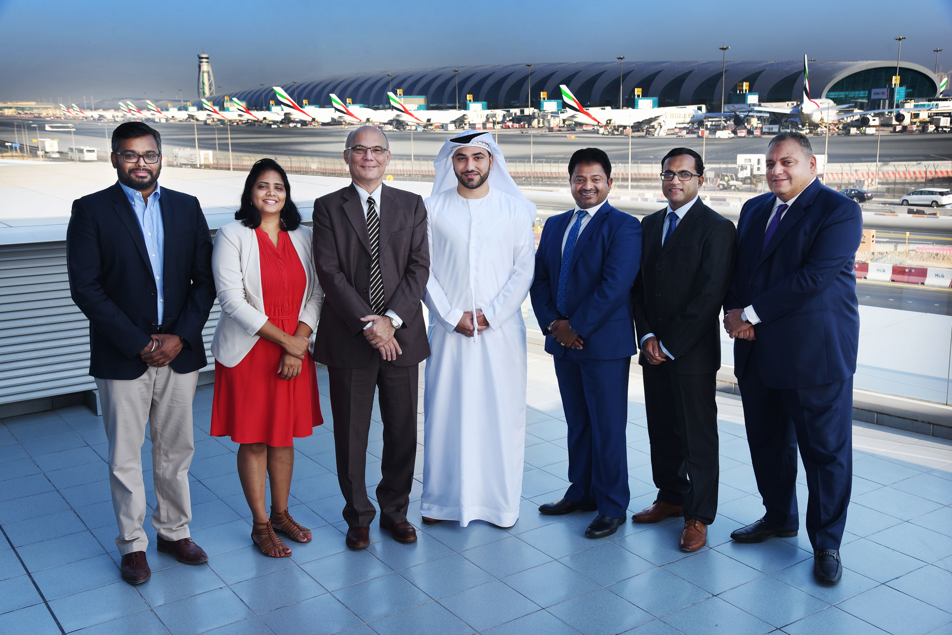 From left to right, Sathish Jeyakumar &ndash; Principal Architect at the Emirates Innovation Lab; Srividhya Rangarajan - Process and Governance Manager at the Emirates Innovation Lab; Kevin Ennis &ndash; Vice President, Corporate &amp; Business Development at dnata Cargo; Mohamed Hassan &ndash; Vice President of flydubai Cargo; Sam Chacko, Manager &ndash; Cargo Operations, flydubai Cargo; Shaju T. Chacko &ndash; Manager, Cargo Revenue Optimisation, flydubai Cargo; and Amr Refaat &ndash; General Manager, IBM Middle East and Pakistan.