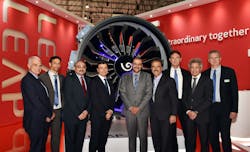 From left: Isam Moursy VP-Sales, GE Aviation; Mounir Bouzaiane, CFM sales director; Ayman Thabet, Planning director, EGYPTAIR Holding Company; Philippe Couteaux, VP Global Sales, Safran Aircraft Engines; Ehab Ghazy, VP Planning, EGYPTAIR Holding Company; Chaker Chahrour, VP Global Sales &amp; Marketing GE Aviation; Pascal Charillat, CFM Sales Support Director; Zair Abderrahim, CFM VP Sales; Christophe Poulain, CFM VP Sales Support.