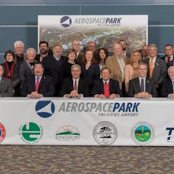 Representatives of the TCAA; the Cities of Bristol, Kingsport and Johnson City, Tennessee; and Sullivan County and Washington County, Tennessee join together to sign the newly passed agreement to support the development of Aerospace Park.