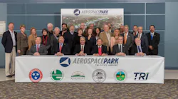 Representatives of the TCAA; the Cities of Bristol, Kingsport and Johnson City, Tennessee; and Sullivan County and Washington County, Tennessee join together to sign the newly passed agreement to support the development of Aerospace Park.