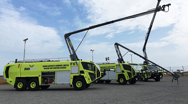 Oshkosh Airport Products has delivered three Oshkosh Striker 6 X 6 aircraft rescue and fire fighting (ARFF) vehicles to Kotoka International Airport (ACC) located in Accra, the capital of Greater Accra in the West African country of Ghana. Their arrival was celebrated with a traditional rollout ceremony at the airport.
