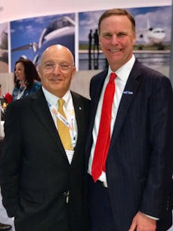 he National Business Aviation Association (NBAA) has recognized American Aero FTW VP Bob Agostino (left) with its prestigious aviation safety award. Agostino was presented the 2017 Dr. Tony Kern Professionalism in Aviation for outstanding leadership in aviation safety. Agostino is pictured here with NBAA President and CEO Ed Bolen. he National Business Aviation Association (NBAA) has recognized American Aero FTW VP Bob Agostino (left) with its prestigious aviation safety award. Agostino was presented the 2017 Dr. Tony Kern Professionalism in Aviation for outstanding leadership in aviation safety. Agostino is pictured here with NBAA President and CEO Ed Bolen.