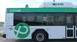 The electric buses at Indianapolis International Airport have a special wrap touting their alternative fuel engines.