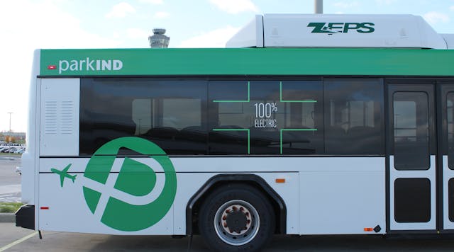 The electric buses at Indianapolis International Airport have a special wrap touting their alternative fuel engines.