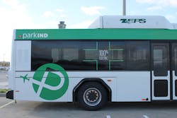 The electric buses at Indianapolis International Airport have a special wrap touting their alternative fuel engines. The electric buses at Indianapolis International Airport have a special wrap touting their alternative fuel engines.