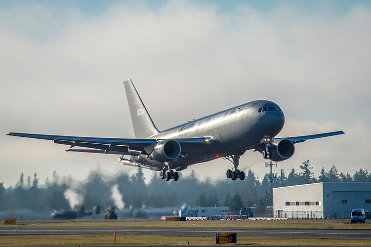 The first KC-46 tanker for the U.S. Air Force takes off from Paine Field in Everett, WA, on its maiden flight.