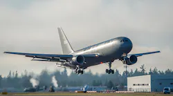 The first KC-46 tanker for the U.S. Air Force takes off from Paine Field in Everett, WA, on its maiden flight.