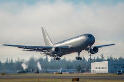 The first KC-46 tanker for the U.S. Air Force takes off from Paine Field in Everett, WA, on its maiden flight. The first KC-46 tanker for the U.S. Air Force takes off from Paine Field in Everett, WA, on its maiden flight.