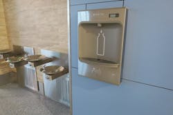 A water-bottle filler has been installed in the new restroom core between Gates 9 and 10 in Terminal 1. A water-bottle filler has been installed in the new restroom core between Gates 9 and 10 in Terminal 1.