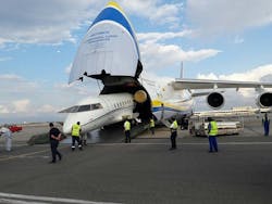 Loading of Challenger 604 onto Antonov 124 at Muscat International Airport. Loading of Challenger 604 onto Antonov 124 at Muscat International Airport.
