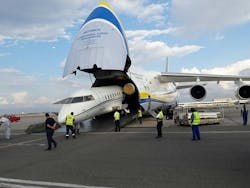 Loading of Challenger 604 onto Antonov 124 at Muscat International Airport.