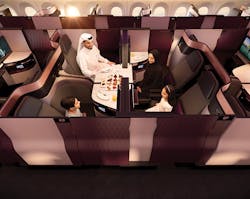 Qsuite features the industry’s first-ever double bed in Business Class, as well as privacy panels that stow away, allowing passengers in adjoining seats to create their own private room, a first of its kind in the industry. Qsuite features the industry’s first-ever double bed in Business Class, as well as privacy panels that stow away, allowing passengers in adjoining seats to create their own private room, a first of its kind in the industry.
