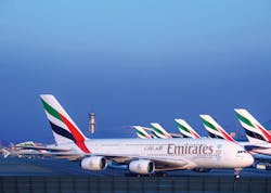 Emirates A380 Fleet at Dubai International. Emirates A380 Fleet at Dubai International.