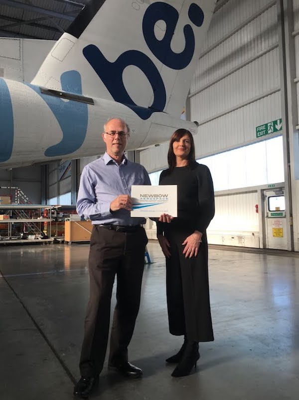 Keith Earnden, Director of Engineering & Maintenance for Flybe and Tiffany Shaw, Key Account Manager for Newbow Aerospace at Flybe Maintenance Facility, Exeter Airport.