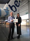 Keith Earnden, Director of Engineering &amp; Maintenance for Flybe and Tiffany Shaw, Key Account Manager for Newbow Aerospace at Flybe Maintenance Facility, Exeter Airport.