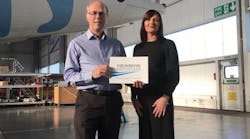 Keith Earnden, Director of Engineering & Maintenance for Flybe and Tiffany Shaw, Key Account Manager for Newbow Aerospace at Flybe Maintenance Facility, Exeter Airport. Keith Earnden, Director of Engineering & Maintenance for Flybe and Tiffany Shaw, Key Account Manager for Newbow Aerospace at Flybe Maintenance Facility, Exeter Airport.