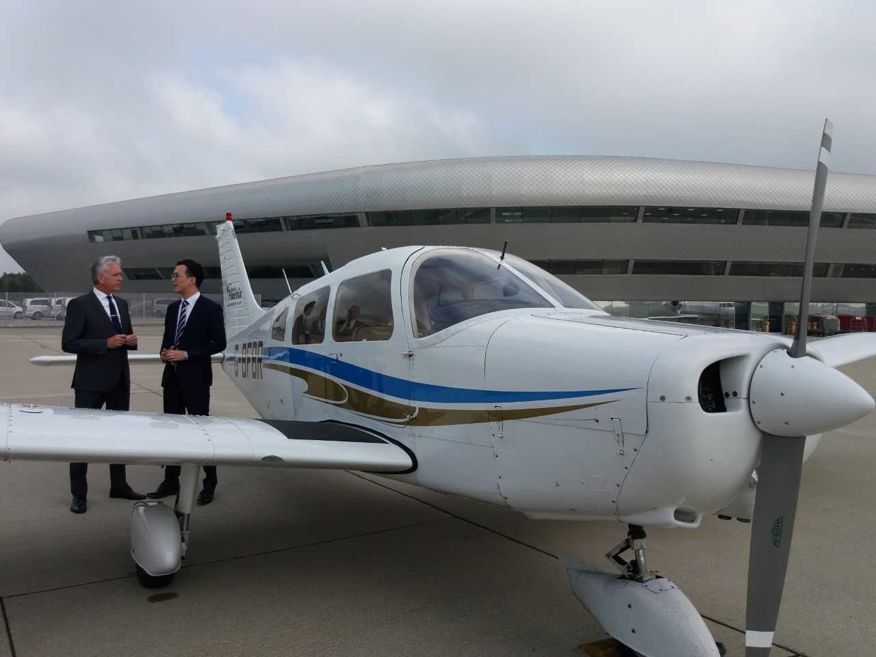 TAG Flying Scholarship 2017 winner, Leo Tang (right) is welcomed at TAG Farnborough Airport by CEO, Brandon O&rsquo;Reilly (left), after completing his first flight into the airport during his training.