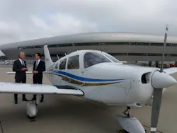 TAG Flying Scholarship 2017 winner, Leo Tang (right) is welcomed at TAG Farnborough Airport by CEO, Brandon O’Reilly (left), after completing his first flight into the airport during his training.
