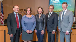 From left to right, Port of Seattle Commissioners Peter Steinbrueck, Stephanie Bowman, Commission President Courtney Gregoire, Fred Felleman, Ryan Calkins.